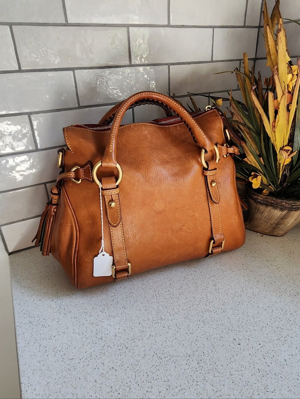 Dooney & Bourke Brown Leather Satchel with Tassel Accents - Picture 3 of 6